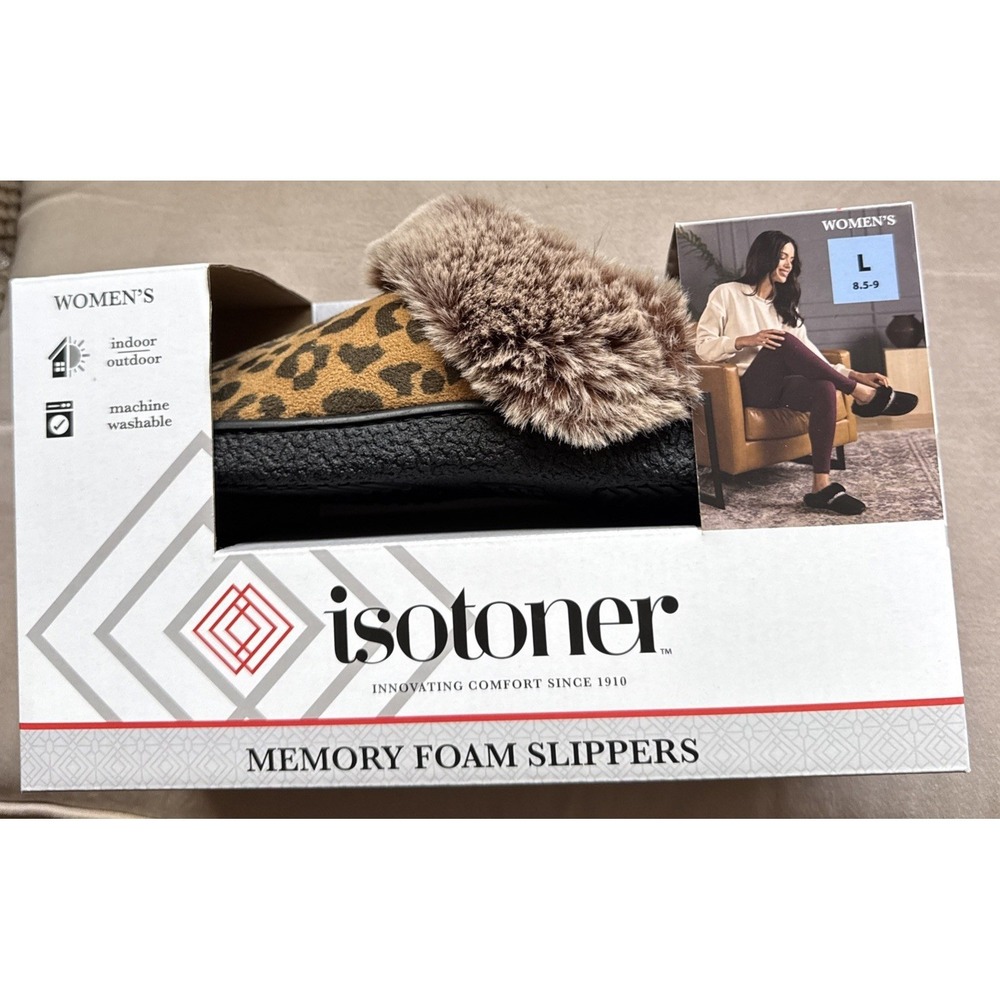 NIB Isotoner Memory Foam Slippers L 8.5-9 Leopard Fur Slip On Clogs House Shoes